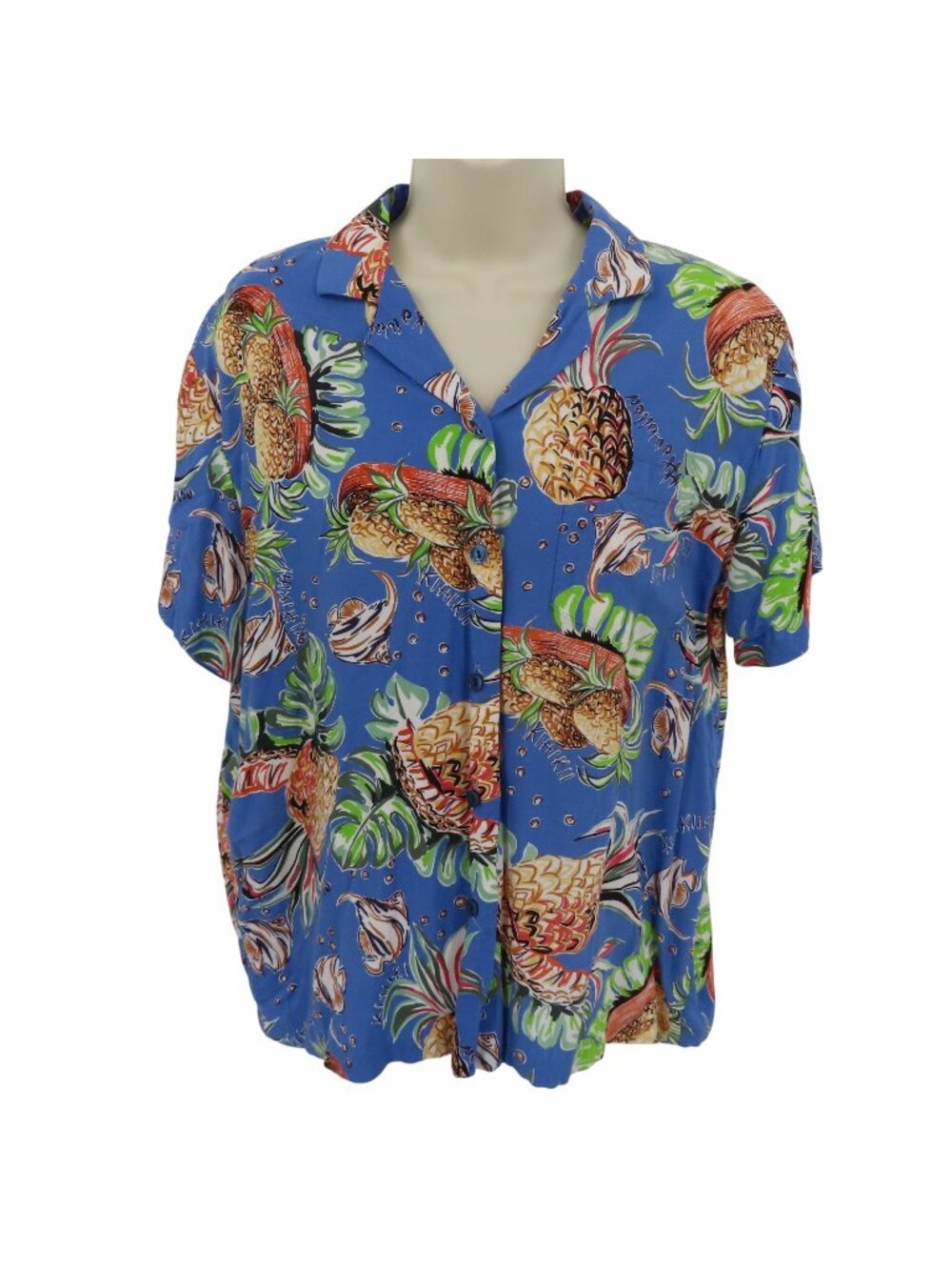 Hilo Hattie Women Small Blue Tropical Pineapple Hawaiian Button Collar Shirt Top